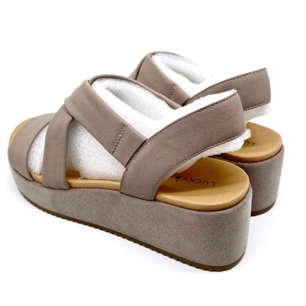 Lucky Brand Sandal Waldyna Crisscross Leather Wedge Chinchilla Oyster Size 10